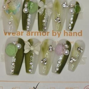 Medium Press-On Nails Green and White Press-On Nails with Gem Accents - M17